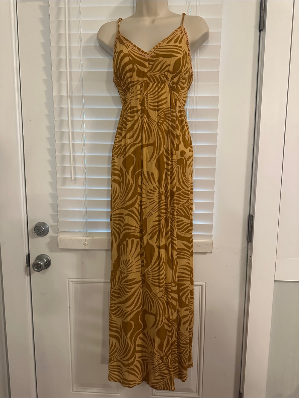 Patrons of Peace Mustard and Brown Tropical Print Maxi Dress